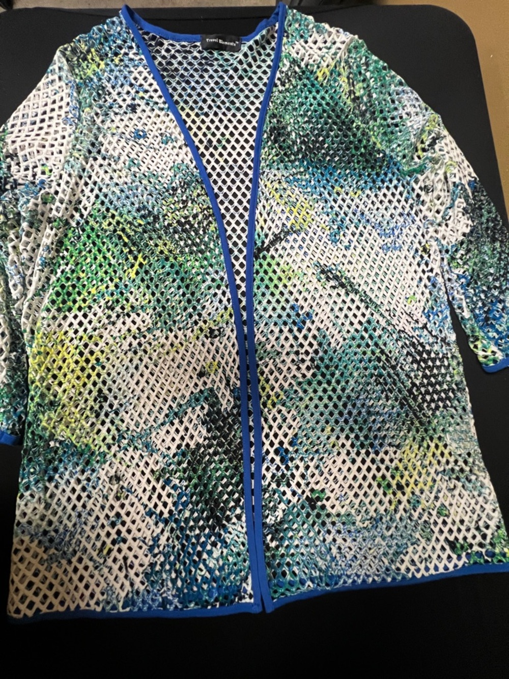 TRAVEL ELEMENTS WHITE MESH SWIM COVER-UP BLUE & LIME GREEN PRINT W/BLUE TRIM XL